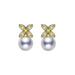 18ct Yellow gold Mikimoto 0.04 diamond set flower and 5.75mm A pearl stud earrings