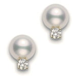 18ct Yellow gold Mikimoto 7-7.5mm AA grade pearl stud 0.10ct diamond set earrings